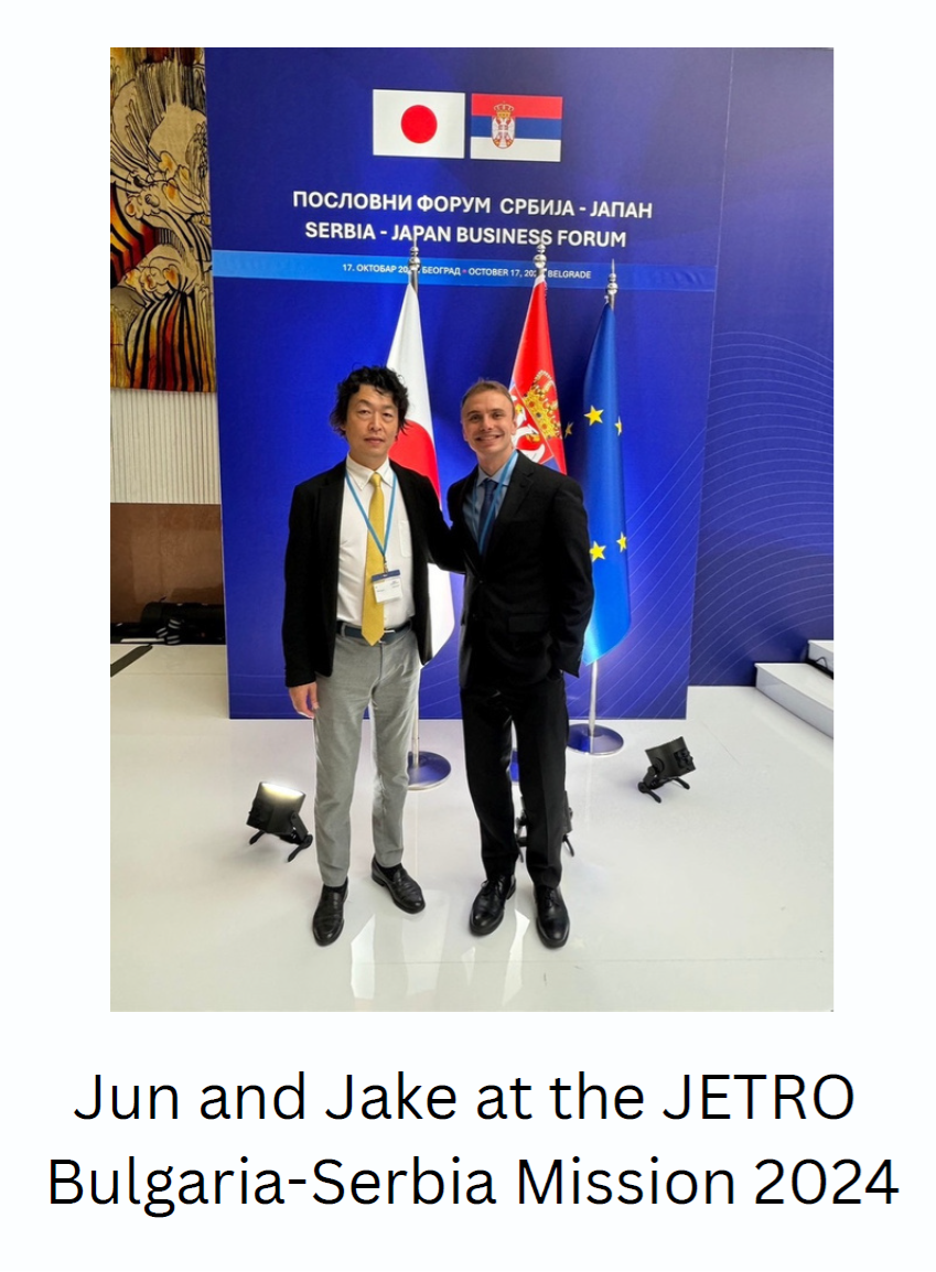 セルビアの2人。画像内に「Jun and Jake at the JETRO Bulgaria-Serbia Mission 2024」とあり、大統領府で大統領にプレゼンしたときの写真